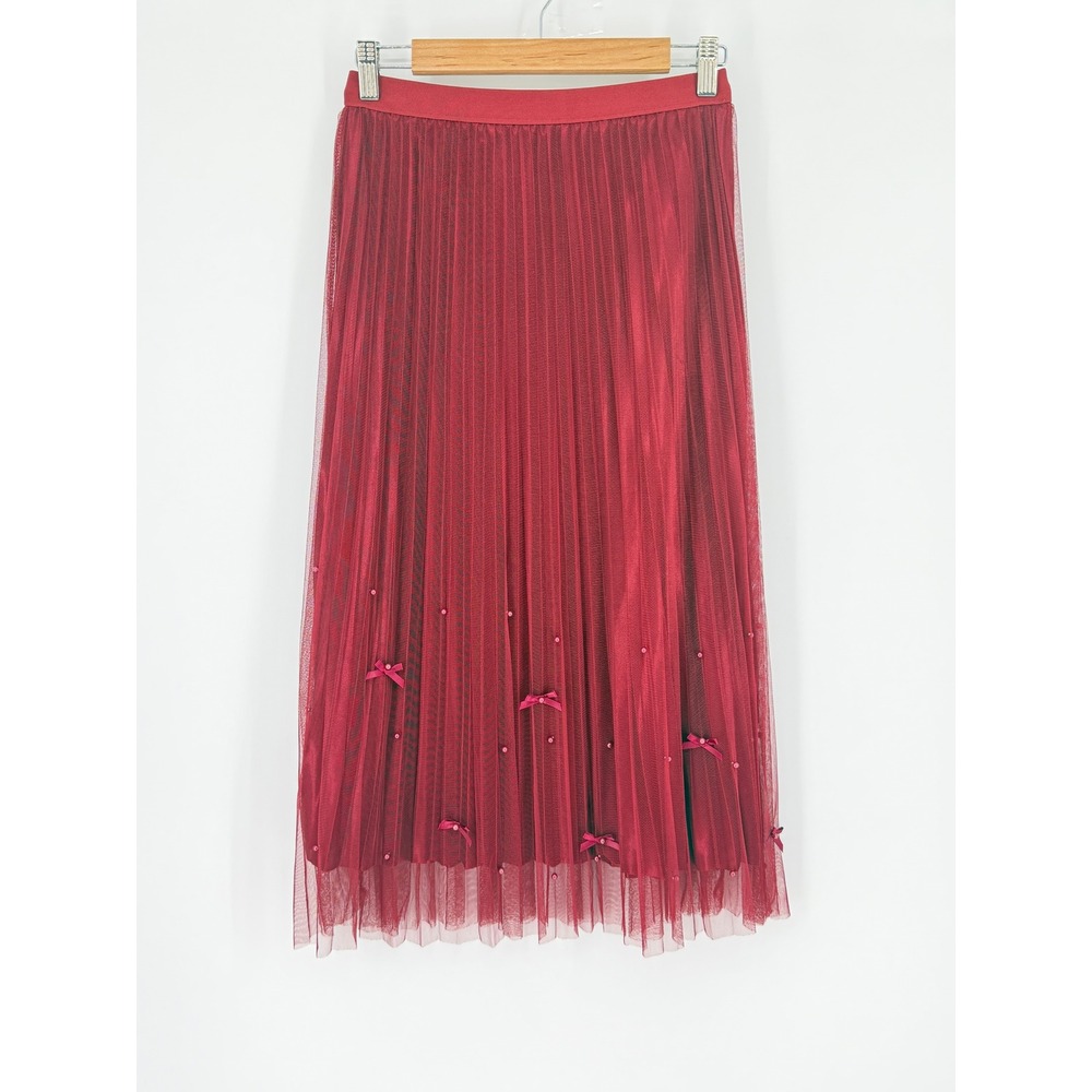 Fairy Tulle Skirt Burgundy Red Pleated Tulle Midi Bows Pearls Womens M Amber Sky